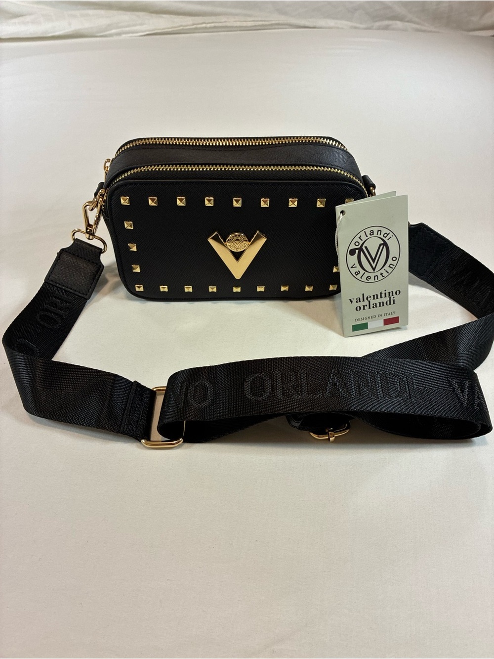 Valentino Orlandi Black Gold-Stud Crossbody Camera Bag